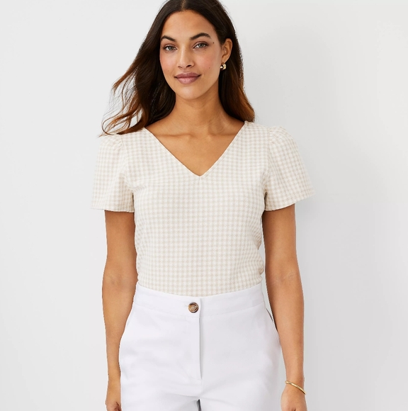 Gingham Flutter Sleeve V-Neck Tee - Picture 1 of 5